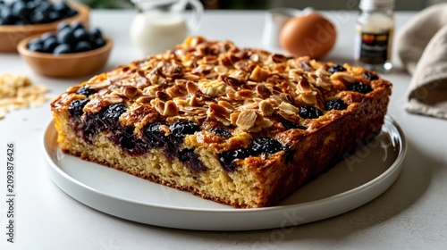 Golden keto blueberry almond cake on a white plate with fresh ingredients in a bright kitchen