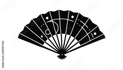 Traditional black folding hand fan decorated with elegant white celestial and moon line art patterns on white.