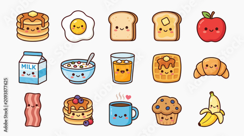 Quadro su tela Cute kawaii breakfast food icons