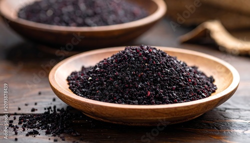A wooden bowl filled with black sesame seeds on a rustic table