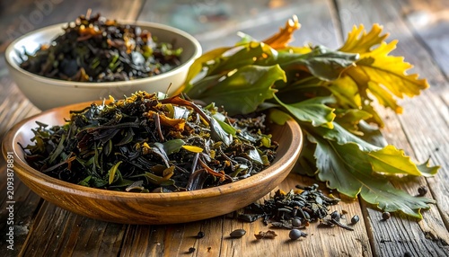 A wooden bowl filled with loose-leaf tea and a few scattered leaves
