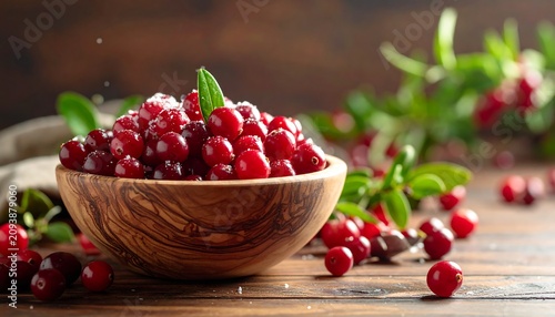 A wooden bowl filled with red berries and green leaves on a wooden table