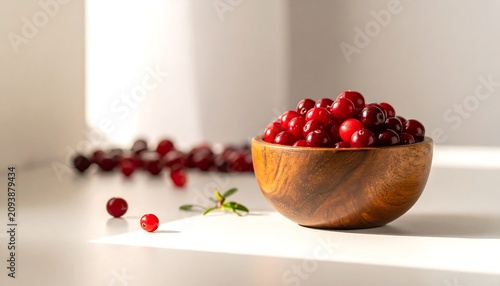 A wooden bowl filled with vibrant red berries on a white surface