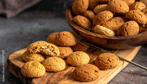 A wooden bowl overflows with assorted cookies on a rustic table