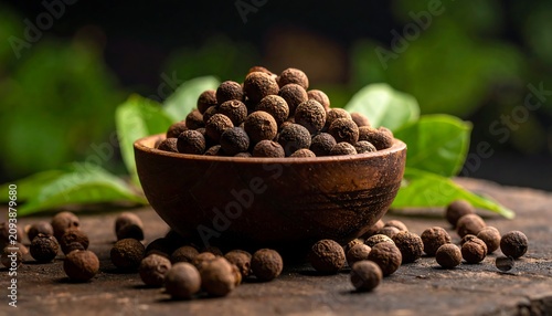 A wooden bowl overflows with small, dark brown spherical objects on a wooden surface surrounded by green leaves