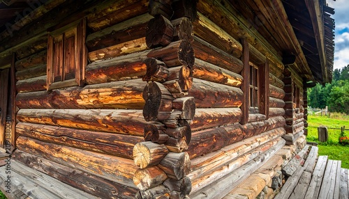 A wooden cabin with a rustic exterior and natural surroundings