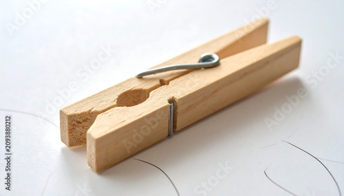 A wooden clothespin with a metal spring on white background