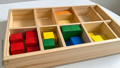 A wooden compartment box containing colorful wooden blocks