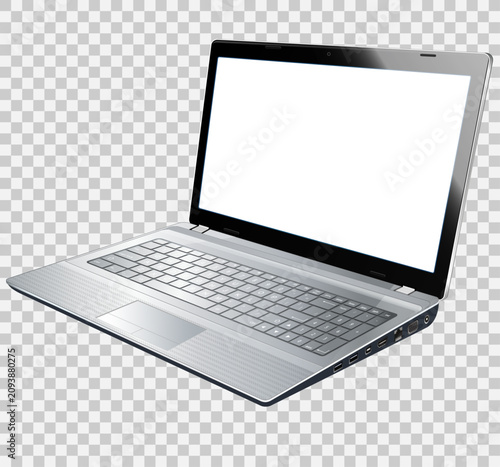 Modern silver laptop open at an angle with blank white screen. Realistic 3D render on transparent checkered background, isolated product view.
