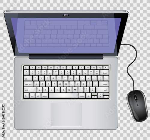Laptop computer with keyboard and wired mouse isolated on transparent background vector illustration.