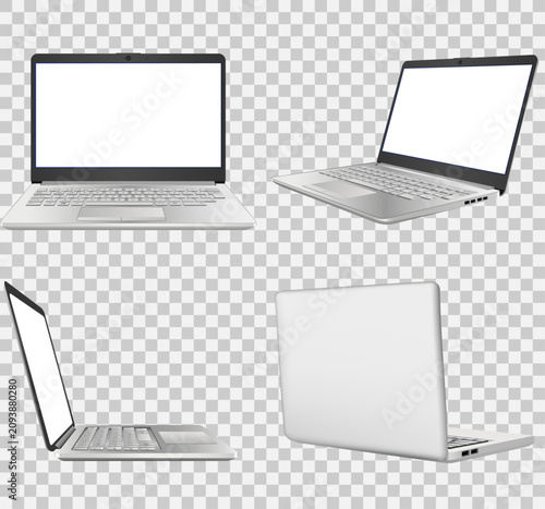Four views of modern silver laptop with blank screen: front open, angled, side view and closed back. Realistic 3D render on transparent background.