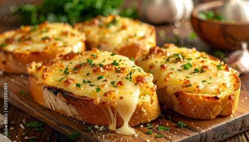 A wooden cutting board holds four slices of toasted bread smothered in melted cheese and garnished with chives