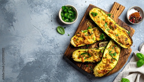 A wooden cutting board with grilled zucchini, herbs and spices