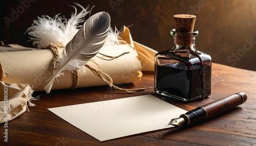 A wooden desk with a bottle of ink, feather quill, and sheet of paper