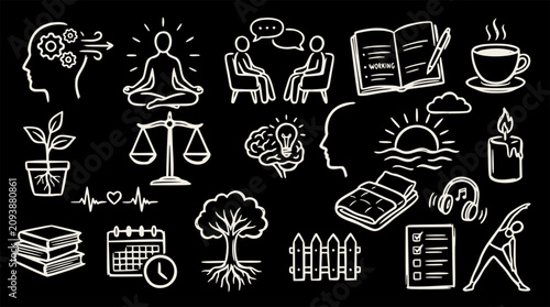 Various hand-drawn outline icons for mental health, wellness, and daily life on a black background