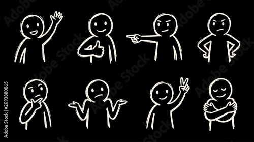 White outline stick figures expressing various emotions and gestures in a hand-drawn style on a black background