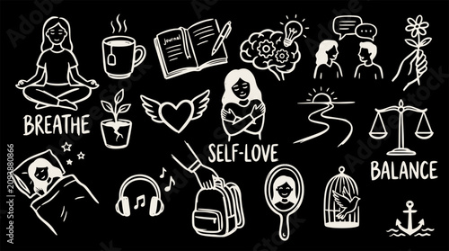 Hand drawn line art icons depicting wellness and self care activities on a black background in a doodle sketch style