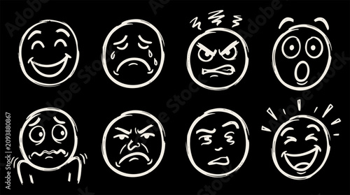 Eight hand drawn emoji faces displaying various emotions on a black background in a white doodle style