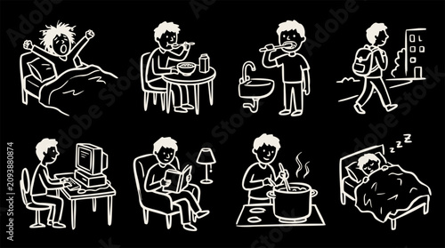 Person performing a daily routine with eight simple cartoon illustrations of various activities on a black background