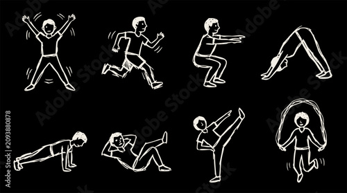 People exercising doing various workout poses in a set of eight white hand-drawn sketch icons on a black background