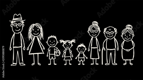 Stick figure drawing of a multi-generational family, including children, parents, and grandparents, in white outline on a black background
