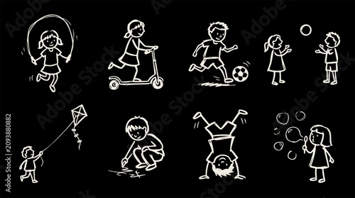 Children playing different games, illustrated in white doodle line art on a black background