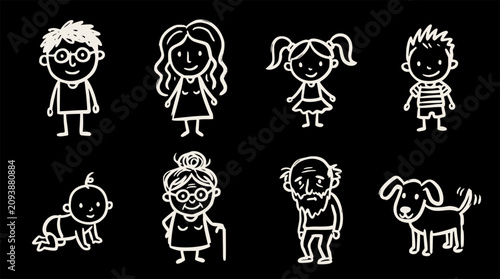 White hand-drawn stick figure family including adults, children, baby, grandparents, and a dog on a black background