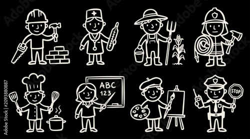 People of various occupations, professional workers holding their tools, white outline cartoon illustration on black background