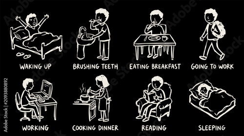 Daily routine icons showing a person waking up, brushing teeth, eating, working, and sleeping in a white outline doodle style on a black background
