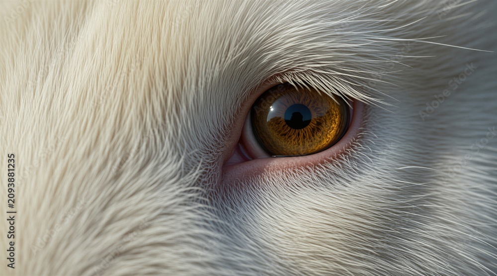 Fototapeta premium Extreme close up shot of animal eye with golden iris, soft white fur texture. Detailed brown pupil reflects light. Macro view of domestic pet looking forward. Sharp focus on organic wild mammal