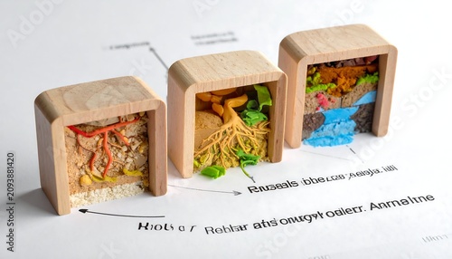 A wooden display of three miniature ecosystems