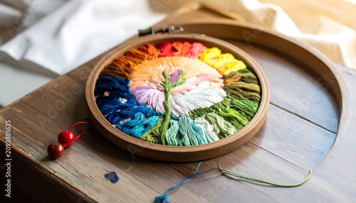 A wooden embroidery hoop with colorful threads on a wooden table