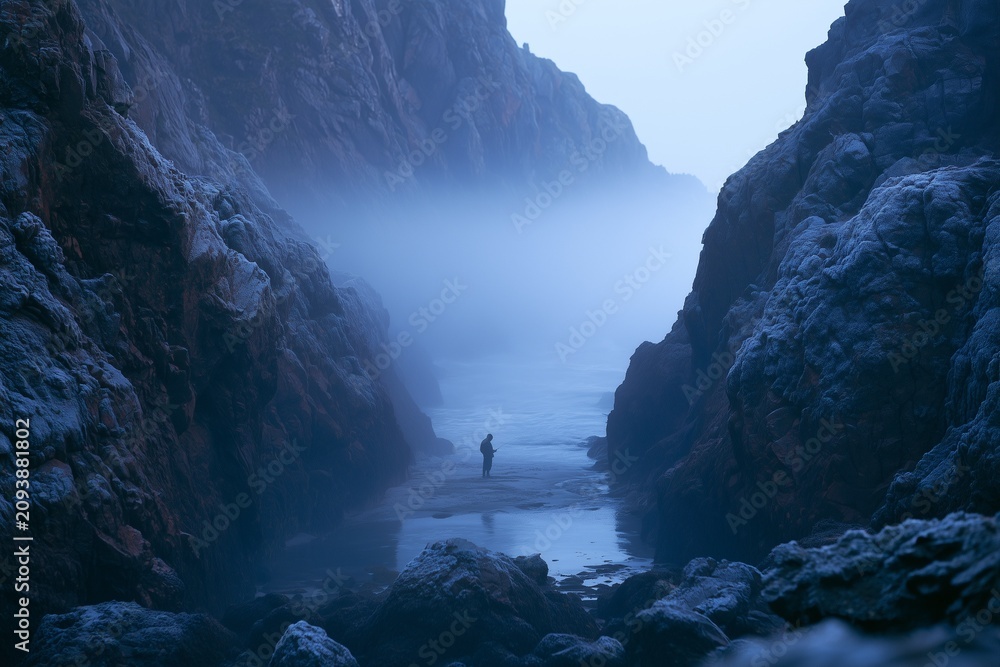 Fototapeta premium Fog Drifting Between Cliff Walls of a Nordic Fjord at Dawn