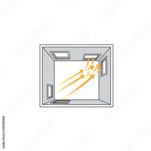 Sunlight entering room through skylights and windows illustration.