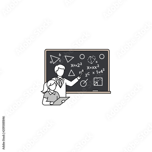 Teacher Explaining Mathematical Formulas on a Blackboard to a Student.