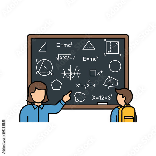 Teacher Explaining Mathematical Formulas on Blackboard to Student.