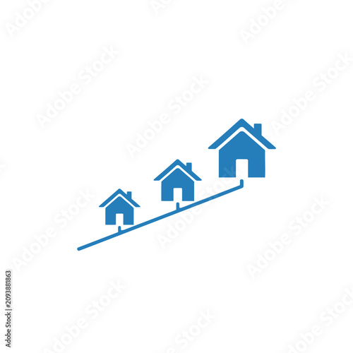 Three Blue Houses on an Upward Sloping Line.
