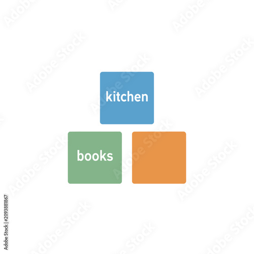 Three colorful blocks with words kitchen and books.