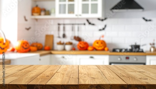 A wooden kitchen table in a bright kitchen with Halloween decorations and pumpkins on the counter