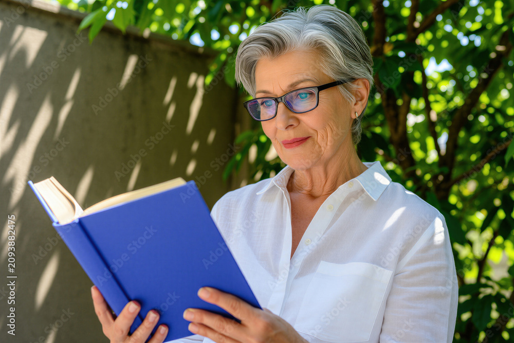 Fototapeta premium Mature woman with grey hair wears glasses, white shirt reading book outdoors. Senior female enjoys literature sitting in green park garden during spring day. Smiling lady relaxes with novel in