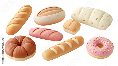 Appetizing assorted bread and donut icons featuring soft 3d render style isolated on transparent background for professional bakery menu