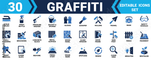 Set of thirty graffiti removal and surface cleaning icons for professional maintenance and restoration work Minimal solid fill icon set bundle collection. Editable Vector Illustration Mega pack