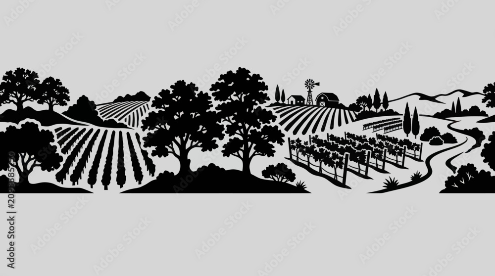 Fototapeta premium Rural landscape with trees and fields