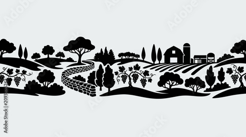 Foto Rural landscape with vineyard and farm buildings