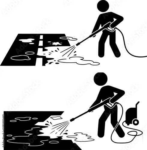 Fotografie Outdoor surface maintenance service icon set showing man cleaning asphalt road h