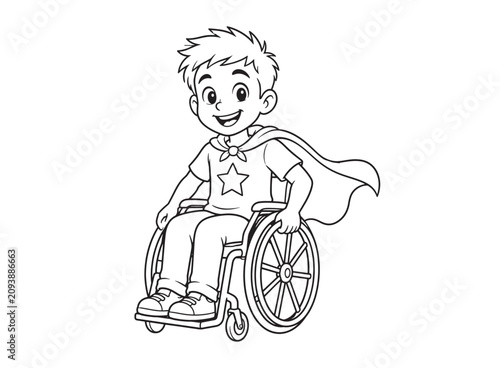 Smiling superhero boy in wheelchair line art illustration with cape and star emblem on white background