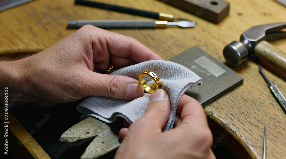 Obraz premium Goldsmith hands polish golden ring on wooden table. Jeweler uses cloth for shine. Tools like hammer, anvil, scraper visible. Craftsmanship and precision detail.