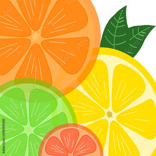 Fotografie Vibrant layered citrus fruit slices with leaves