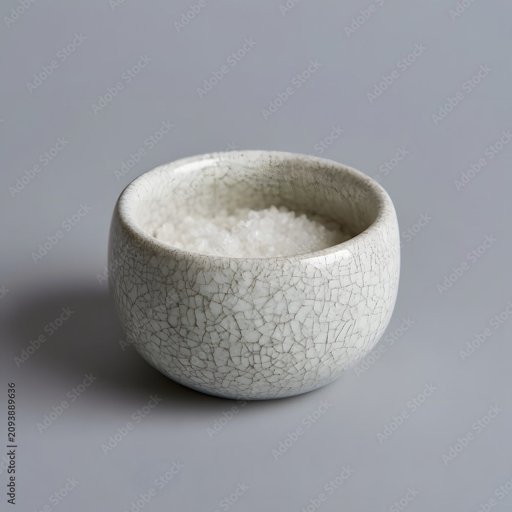 Fototapeta premium Stoneware ramekin dusted with sea salt on soft gray backdrop