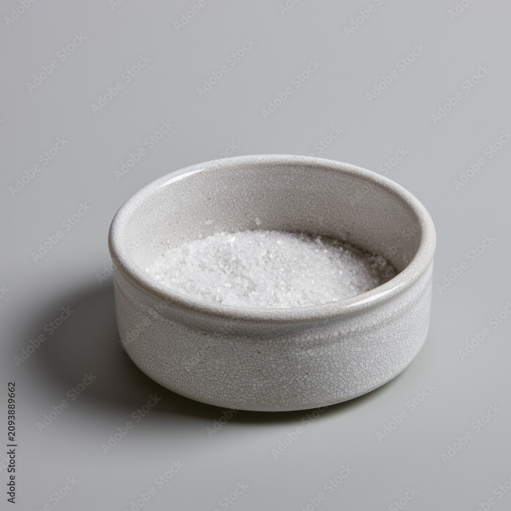 Fototapeta premium Minimalist stoneware dish with sea salt on dove-gray surface